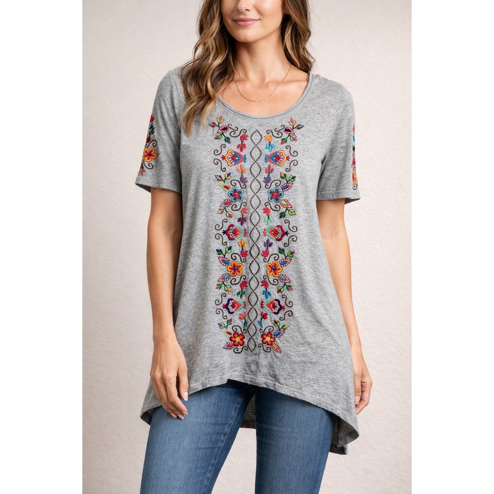 Johnny Was JWLA Embroidered Gray Floral Bird Applique Short Sleeve Small‎